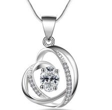 Silver Love Heart Geometric Zirconia CZ Pendant Necklace 18" Chain Gift Box PS1