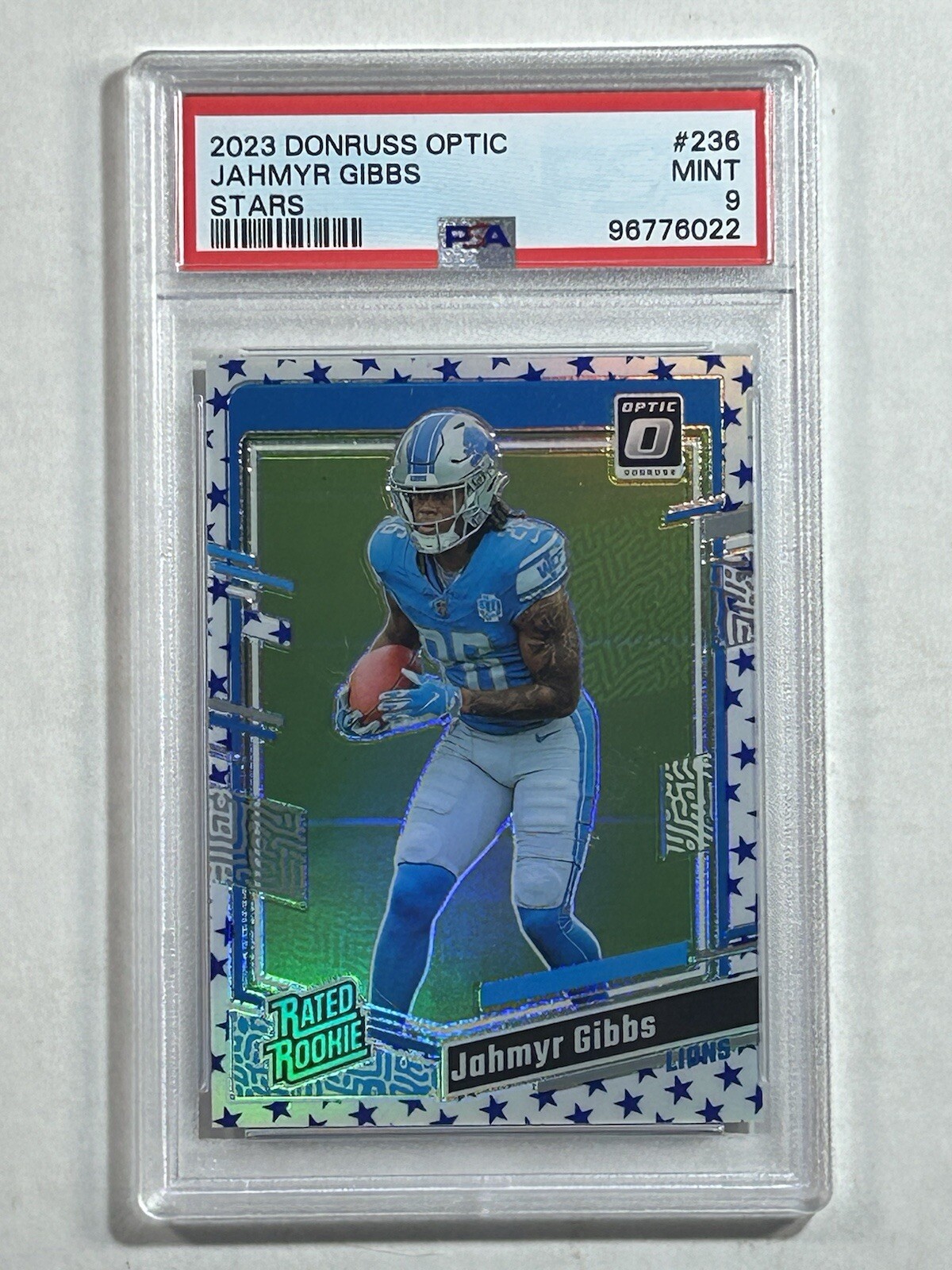 Jahmyr Gibbs Panini Donruss Optic Stars SP #236 PSA Mint 9