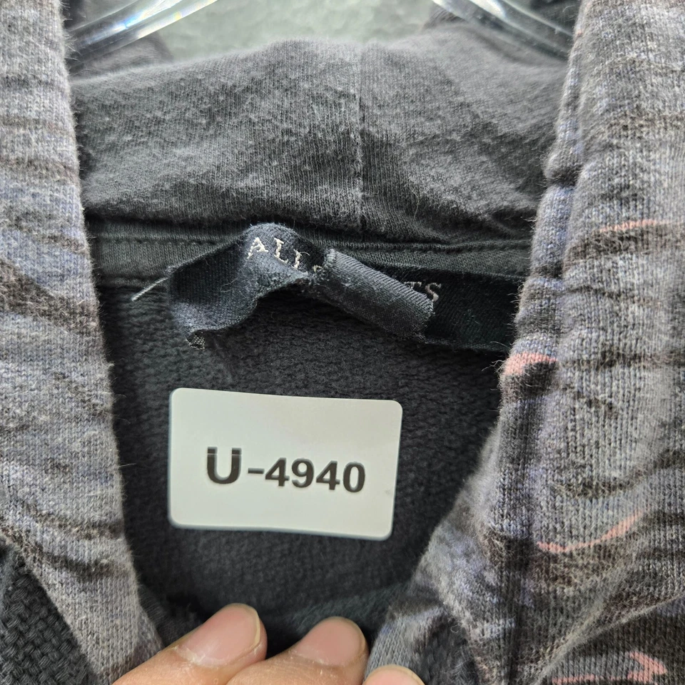 Sudadera AllSaints Mujer Gris Medio Estampado Cebra Sudadera con Capucha Cordón Pullover Foto 2 de 4