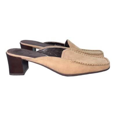 AEROSOLES Women's Wheel Barrel Tan Leather Slip On Mules Heels