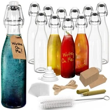 Nevlers 12 oz Round Swing Top Glass Bottles (Pack of 12) Includes Funnel & Brush