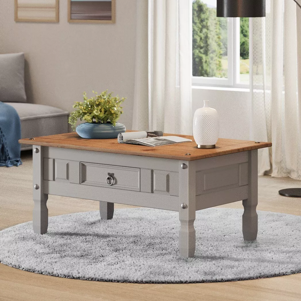 Corona Coffee Table Grey Wax 1 Drawer Solid Pine Living Room Mercers Furniture