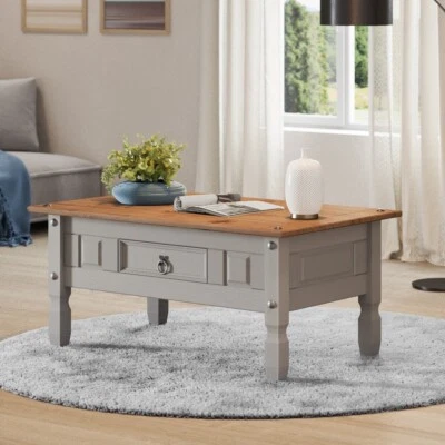 Corona Coffee Table Grey Painted Solid Wood Wooden Pine 1 Drawer Mexican Mercers - Image 1 of 4