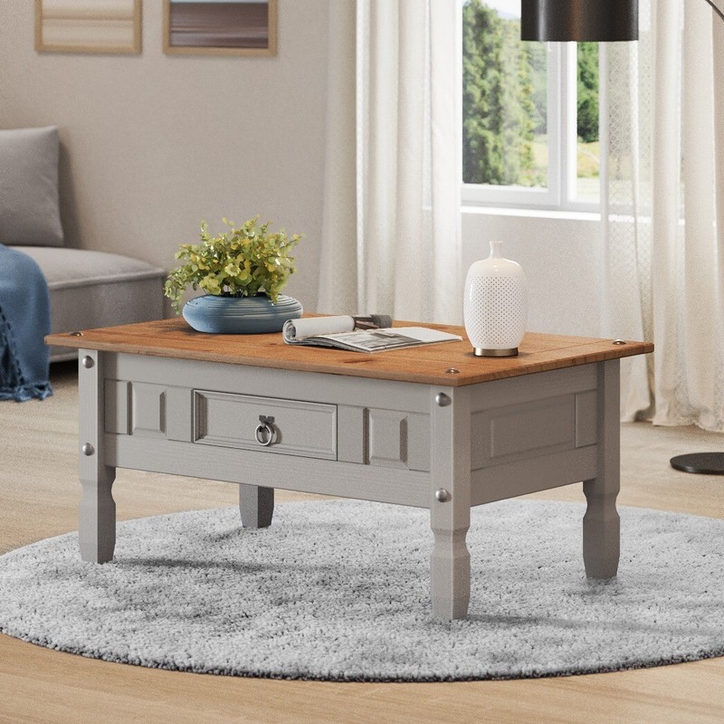 Corona Coffee Table Grey 1 Drawer Living Room Solid Wood Mexican Pine Wooden