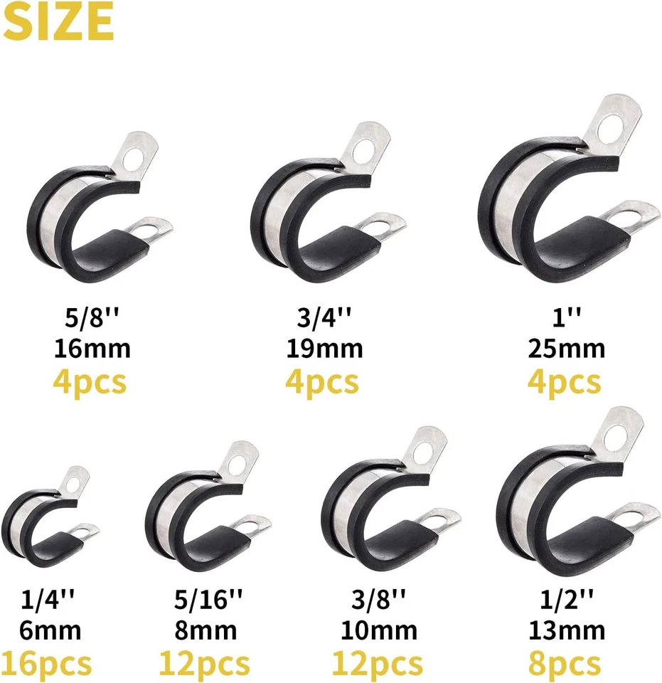 60pcs Rubber Lined P Clips Hose Pipe Clamps Cable Mounting Clip Stainless Steel - image 2 of 4