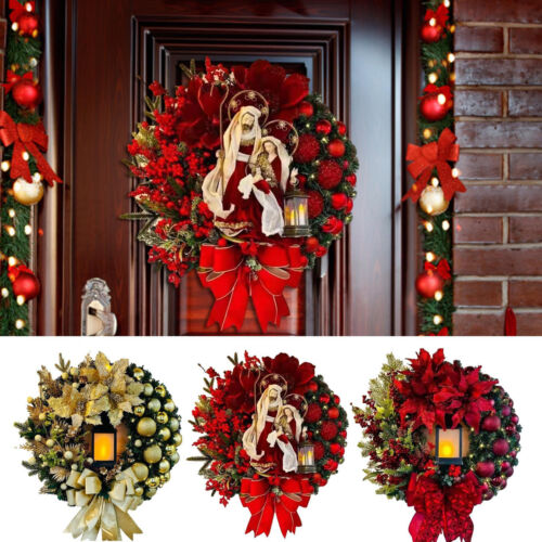 Christmas Jesus Wreath w/LED Lantern 30cm/12in Artificial Garland Door Wall Deco