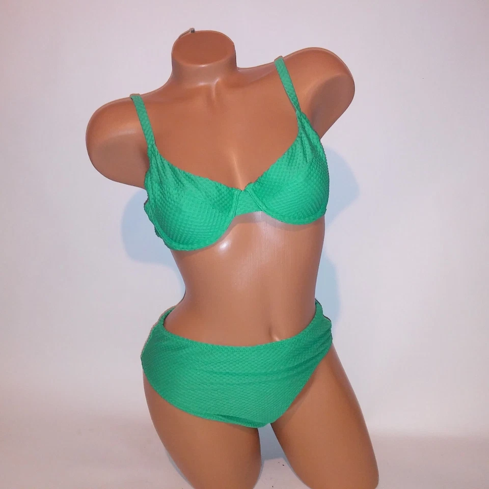 Bikini de natación Aerie parte superior grande parte inferior mediana verde corte alto descarado sin forro texturizado Foto 3 de 4