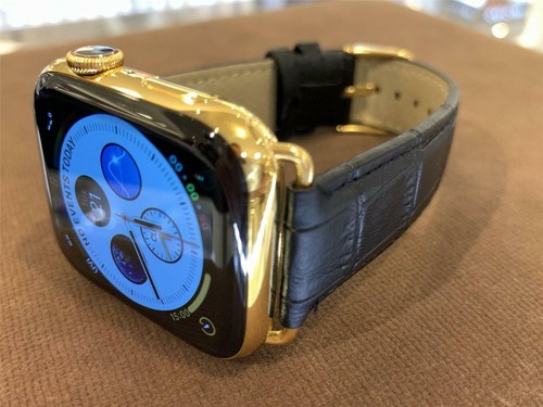 Custom 44mm Apple Watch Series 5 24K Gold Plated Stainless Steel Black Leather B - Picture 5 of 9