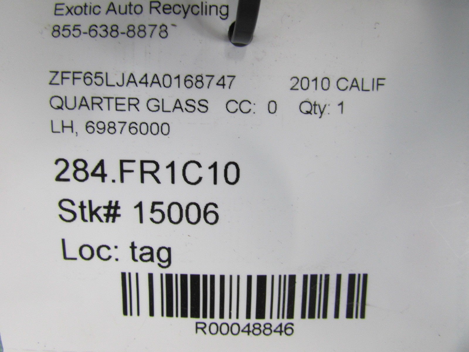 Ferrari California, LH, Left Quarter Glass, Used, P/N 69876000