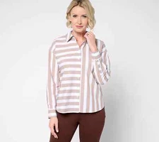 Attitudes by Renee Poplin Shirt with Mixed Stripe-Safari Taupe-2X A681239 NEW