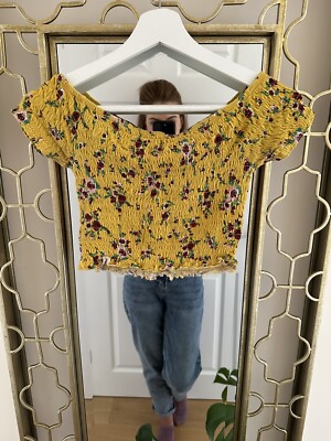 Primark, Cold Shoulder, Summer Crop Top, Yellow Floral, Crinkle