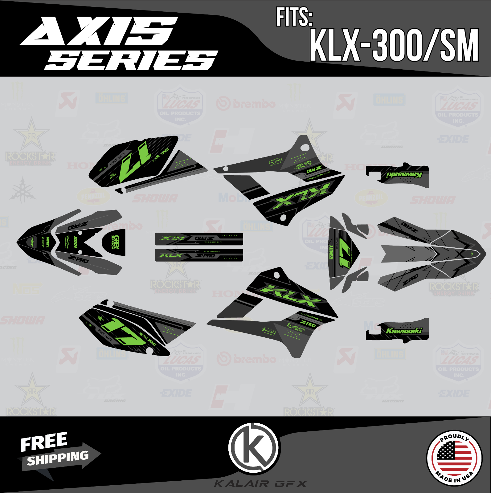 Graphics Kit for Kawasaki KLX300SM 2020 2021 2022 2023 Axis Green