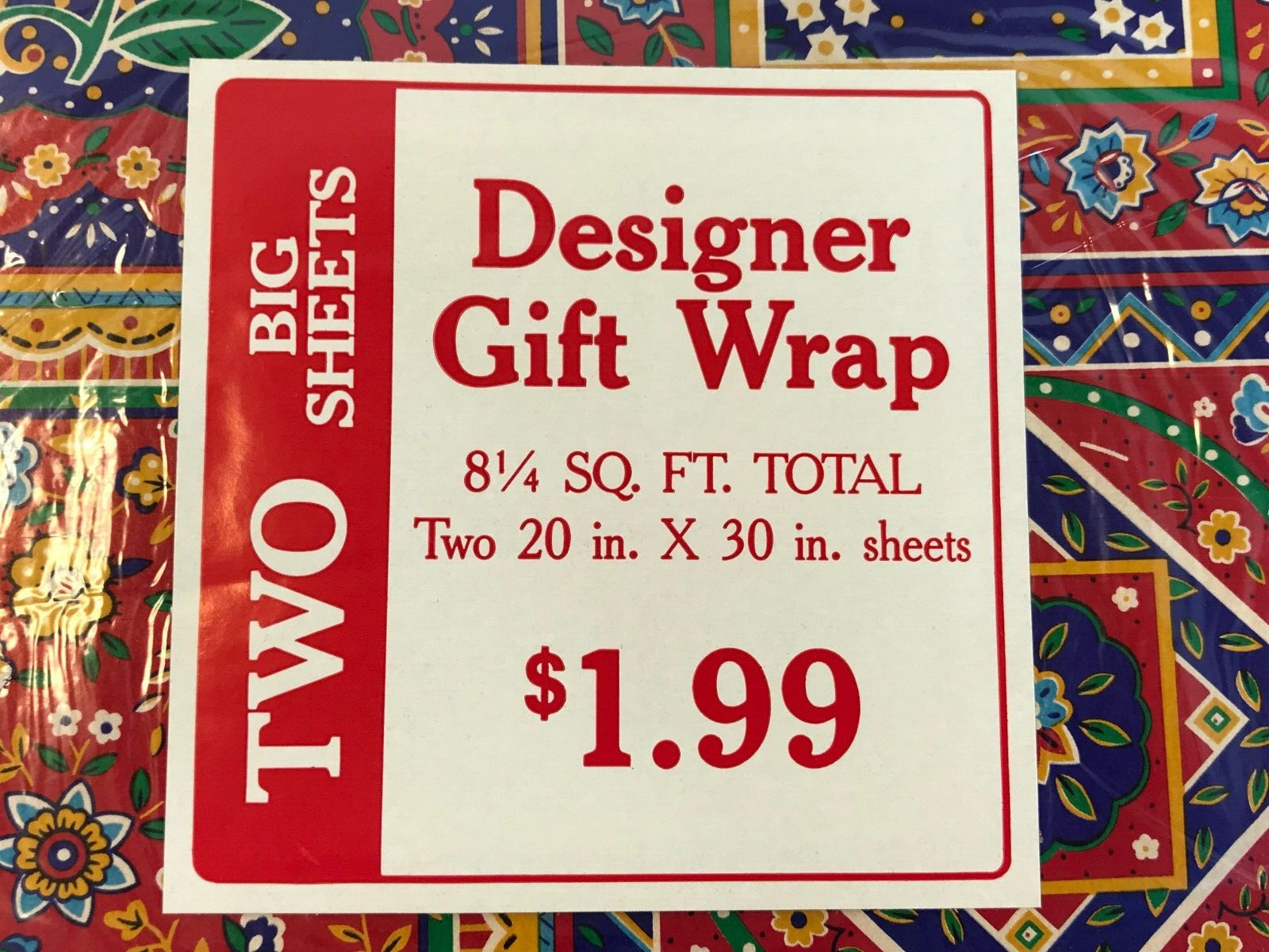 NOS 1970's Vintage Floral Mosaic Retro Blue Red Yellow Beautiful Gift Wrap Paper