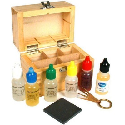 6 Jewelry Testing Solutions Acid Test Stone & Needles W/ Wooden Box Jewelers Kit