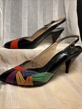 VTG The Touch Of Mina Woman s Strap Heels Black Shoes Pumps 7M Red Green Purple