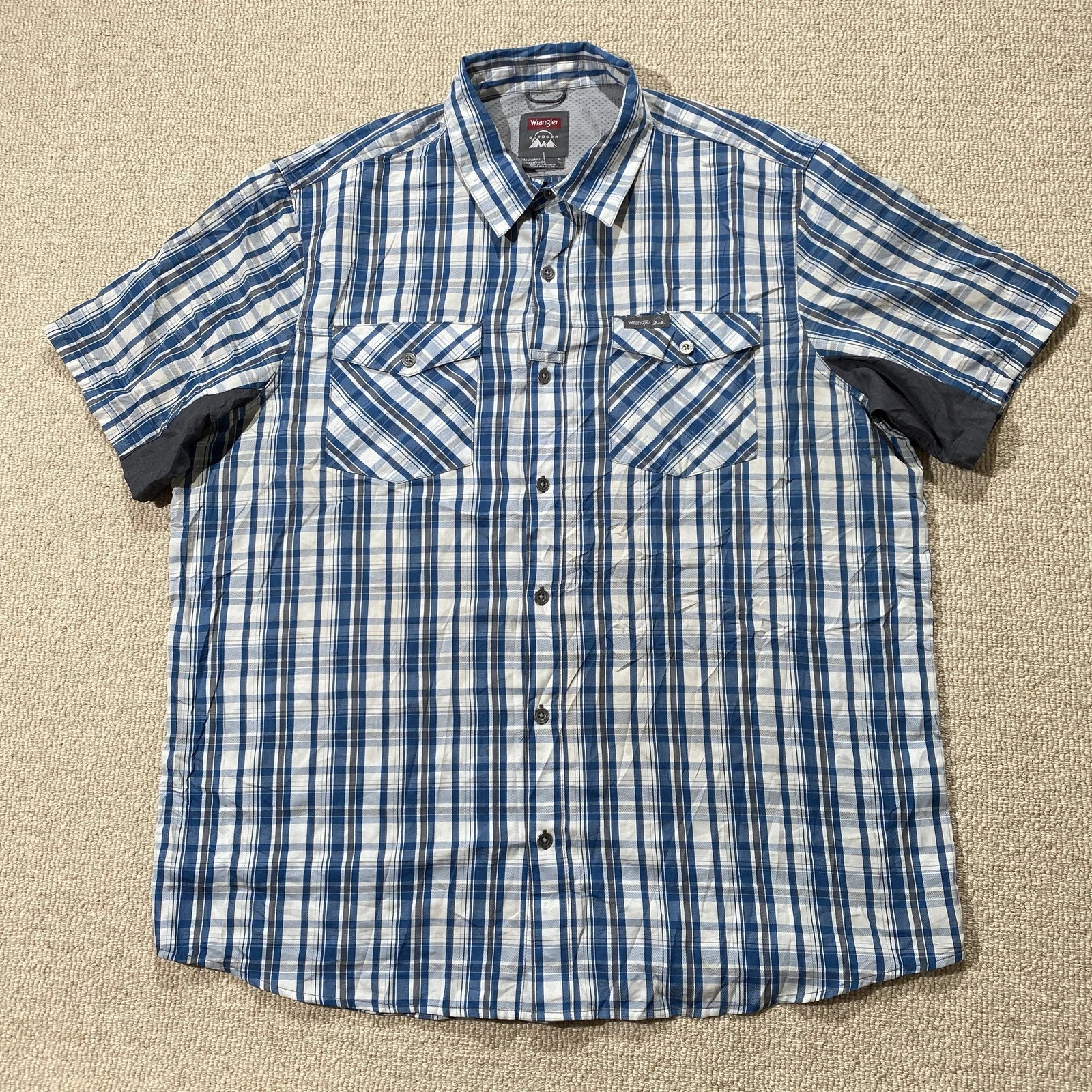 Wrangler Shirt Mens XL Blue Check Short Sleeve Outdoor Hiking Performance