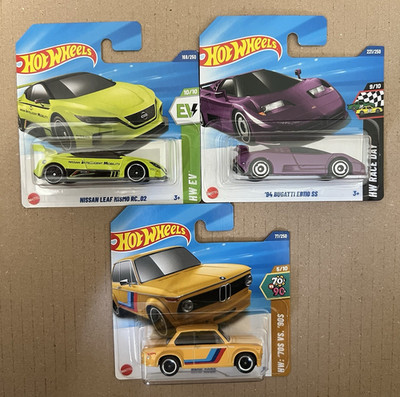 Hot Wheels 3er Set Nissan Leaf Nismo RC_02 Bugatti EB110 SS BMW 2002 1:64