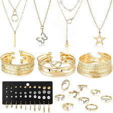 46Pcs Gold Jewelry Set for Women with 5 Necklace, 12 Bracelet, 5 Hoop Earrings,