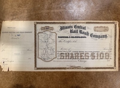 Illinois Central Railroad Co. - Excellent Map Vignette Stock Certificate -1880's