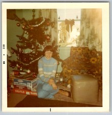 Vtg Color Snapshot Teenage Girl Blue Striped Sweater Christmas Tree Gifts 1969