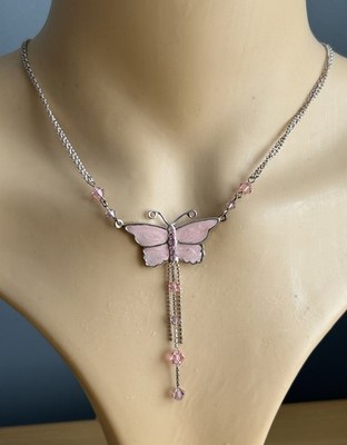925 Silver Pendant Pink  Butterfly  Design/ Double Chain / 45 cm/ Hallmarked