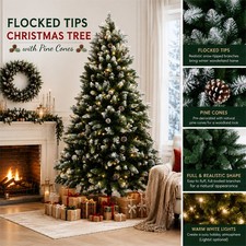 4-7ft Snow Flocked Christmas Tree with Lights Pine Cones Xmas Home Decoratoins