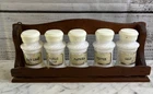 Vintage Milk Glass Spice Jar Set Original Hanging Wood Rack