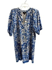 M Karen Kane Puff Sleeve 100% Cotton Peasant Dress Floral Paisley Blue Eggshell