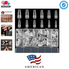 600 Pcs Long Coffin Fake Gel Nail Tips Full Cover Clear Acrylic False Balleri...