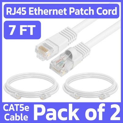 2 Pack Cat5e Patch Cord White 7 Feet Lan Ethernet Cable Network Internet RJ45