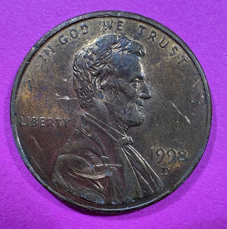 1998D Lincoln Penny With Close AM, DBL DIE "LINCOLN", Weird Shaped Chin. RARE!