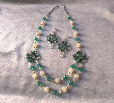 Perlen Lange Halskette Schmuck Set Kristall/Stein Handarbeit Ohrringe Boho Chic 