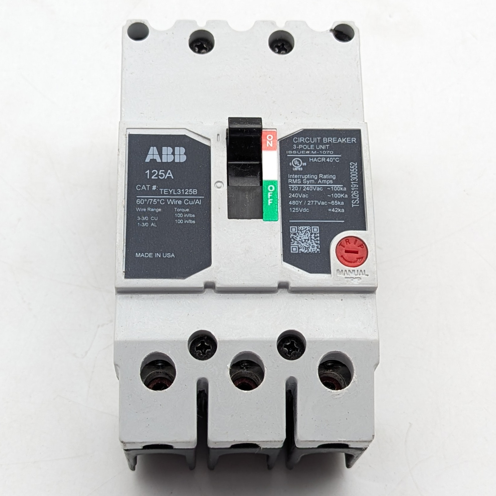 ABB 3-Pole Bolt-On 125A Molded Case Circuit Breaker (TEYL3125B) | Gray