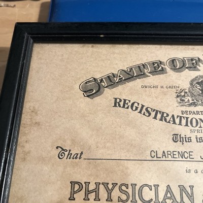 1946 Illinois Physician Surgeon Medical License Certificate Framed