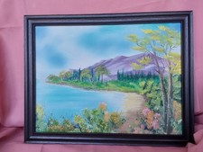 Original oil painting inspired by Bob Ross, framed. Quiet Inlet.
