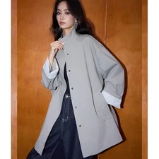 New Korean Autumn Standing Collar Cotton Gray Mid Long Loose Windbreaker Jacket