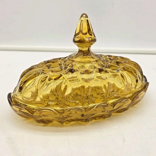 Vintage Anchor Hocking Fairfield Amber Honey Glass Oval Covered Butter Dish 7”