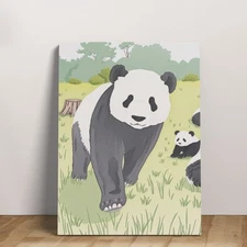 Modern Concise Panda Bear Grassy Field Watercolor Decor Animals Canvas Painting