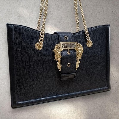 Versace Jeans Couture Black Synthetic Leather Tote Bag with Gold Chain and Logo