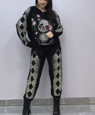 New Women Luxury Rhinestones Panda Bear Diamonds Tracksuit 2 Pieces Knitted Set