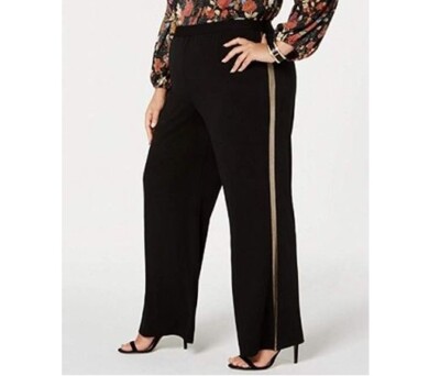 NY Collection Womens Plus 1XP Black with Gold Metallic Stripe Pants NWT  AN12