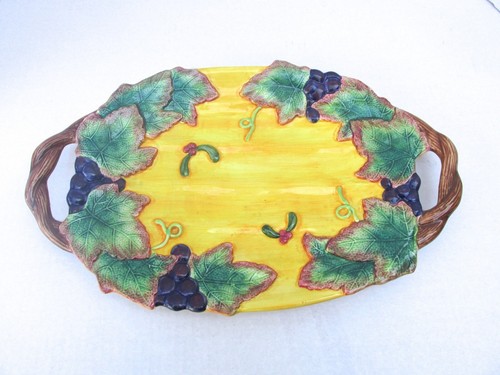 Early Rare Fitz & Floyd Large Oval Platter Handled Yellow Purple Grapes Vine - Picture 2 of 5