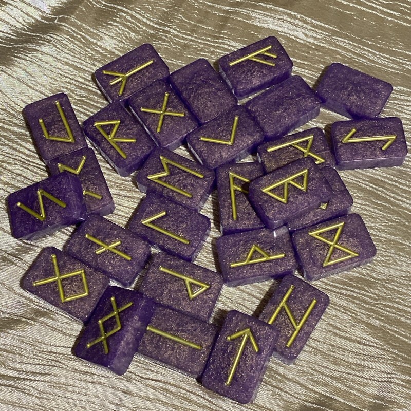 Purple With Gold Shimmer Resin Rune Stones, Elder Futhark, Pagan Set Of 27