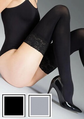 Sinnliche blickdichte halterlose Strümpfe wunderschön Spitze sexy Stay Ups 100 DEN S-XL