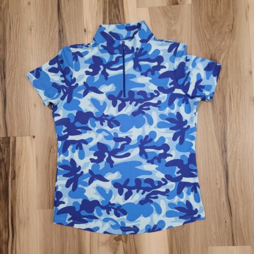 IBKUL Top Women Medium Blue Camo 1/4 Zip Short Sleeve Shirt Golf Tennis