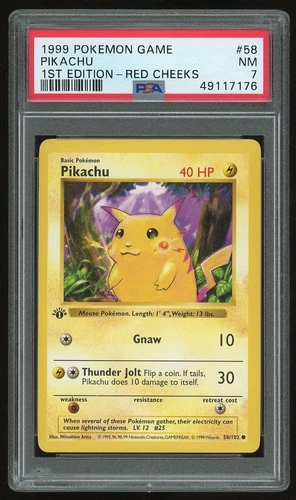 1999 Pokemon 1st Edition Shadowless Red Cheeks Pikachu # 58 PSA 7