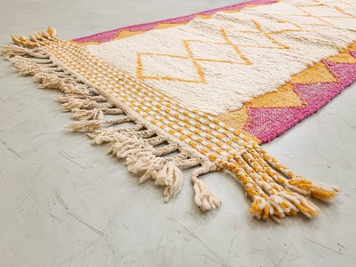 Moroccan Handmade Beni Ourain Rug 3x8 Berber Geometric Pink Yellow Wool Runner - Picture 8 of 12
