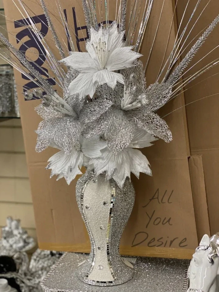 Vaso romano prata branca com cacho de flores mosaico glitter vaso bling 30 cm - Imagem 2 de 2