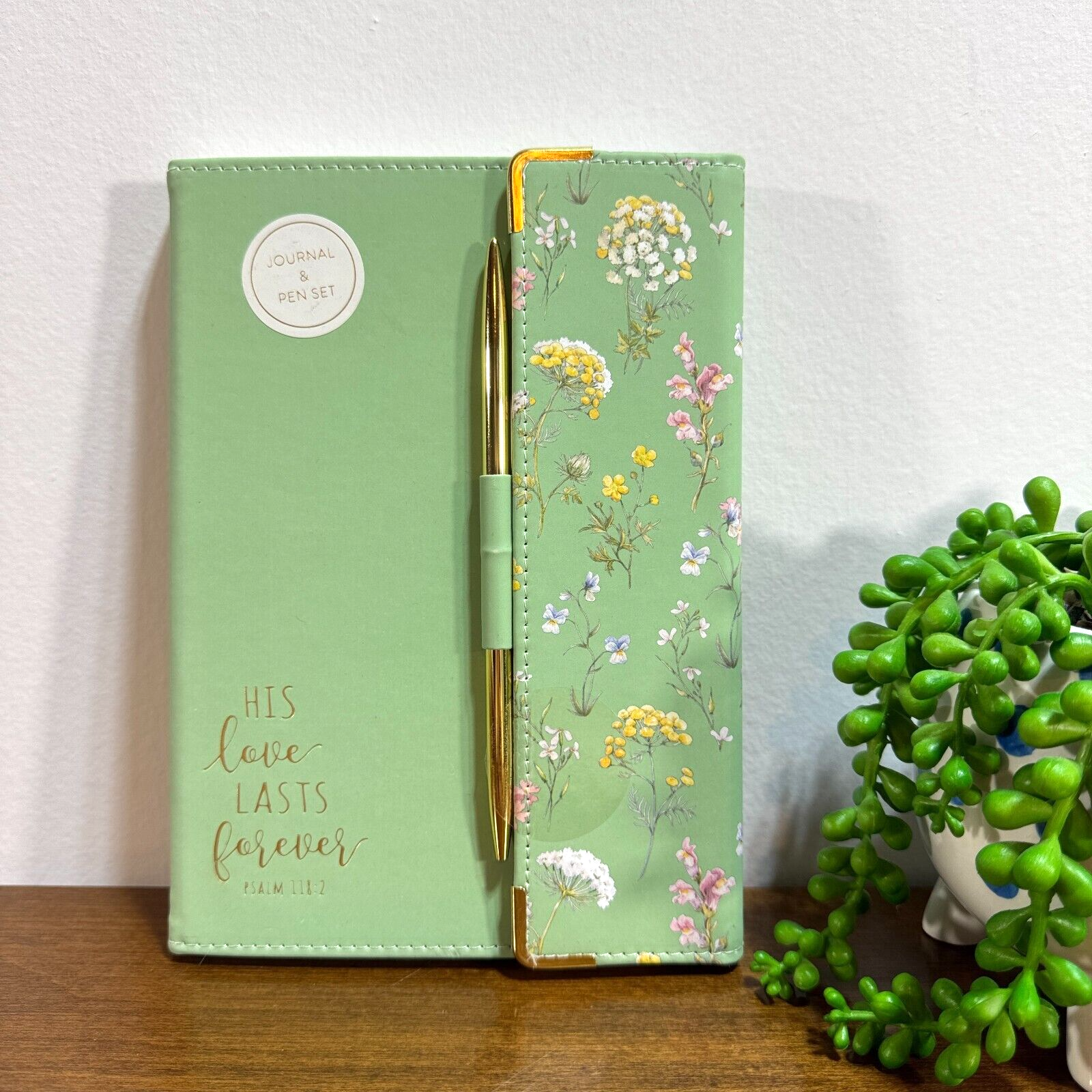 Lined Journal with Pen Holder, Bookmark Ribbon & Green Floral Faux Leather Cover-image