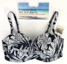 M&S 32E Underwired Push Up Multiway Plunge Bikini Top Black BNWT